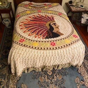 Stunning Rare Vintage Native American Indian Design Chenille Bedspread
